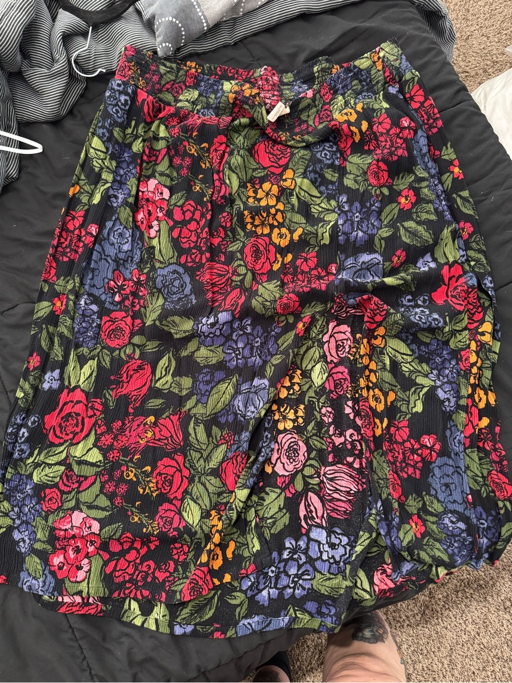 Lucy & Yak Black Floral Midi Skirt with Red, Pink, Purple and Green